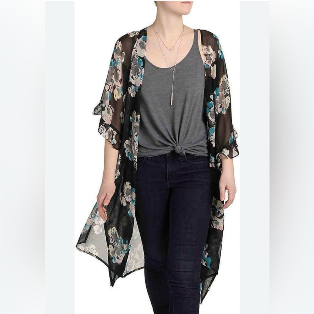 Betsey Johnson Kimono Floral Open Sheer Cover Up Wrap Resort Wear Boho OSFM Top - Picture 2 of 9